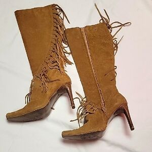 Vintage MIA Fringe Suede Knee-High Boots - Tan